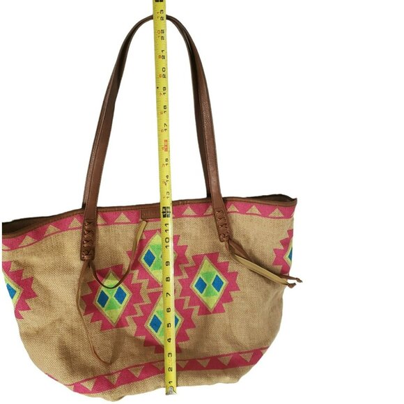 Billabong Boho Tote Beach Bag Southwest Purse Aztec Burlap Lined Hobo Tan Pink - Picture 10 of 16